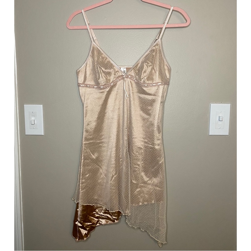 Luxury Designer Intimo Rose Gold Mesh Satin Asymmetrical Ribbon Lingerie Dress - Picture 2 of 14